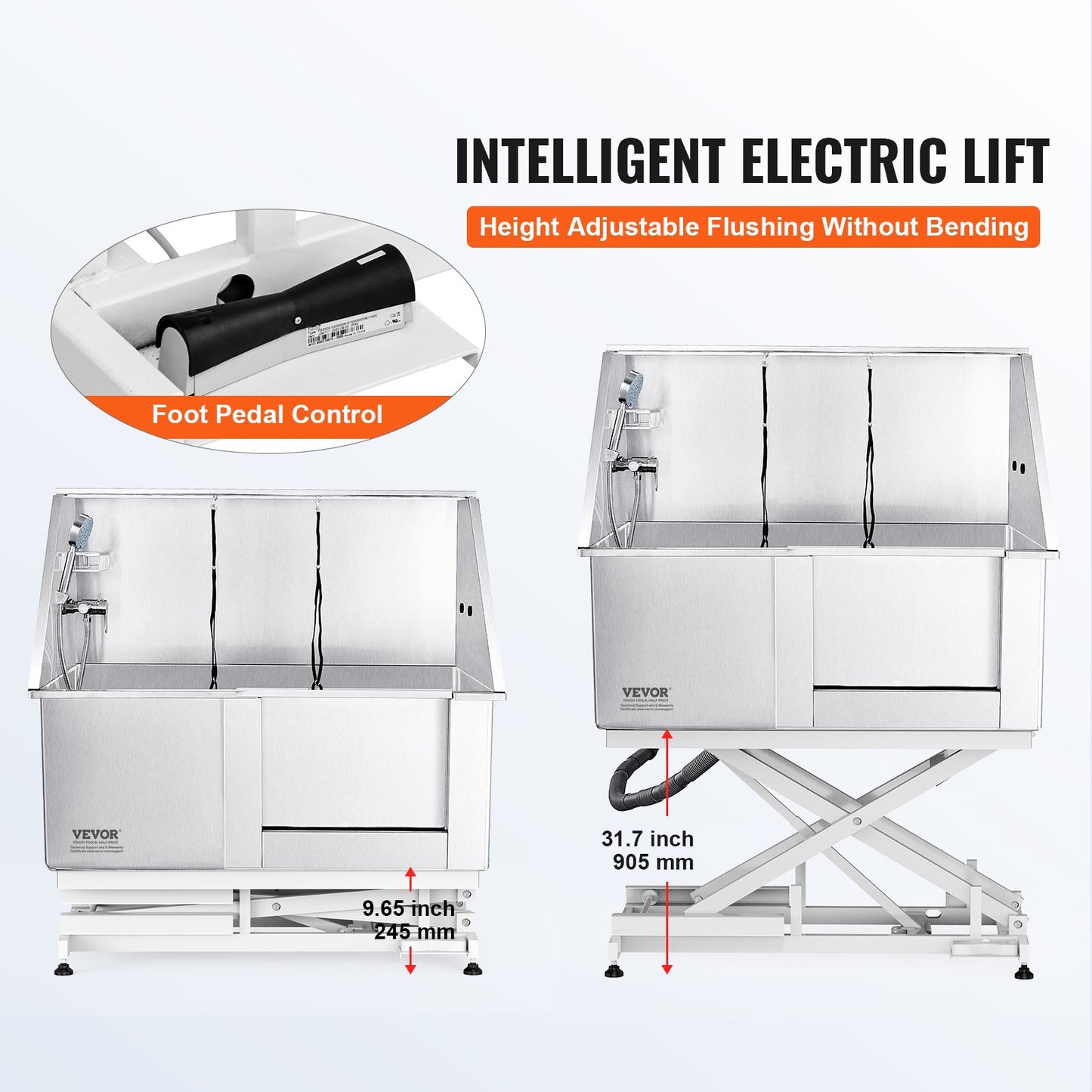 1,27 m große Hundebadestation mit elektrischer Höhenverstellung, professionelle Hundebadewanne aus Edelstahl mit Seifenablage, Wasserhahn, umfangreichem Zubehör, Badewanne für mehrere Haustiere, Waschbecken für Zuhause (rechts)