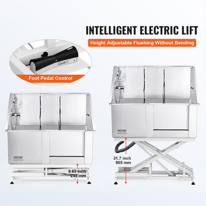 1,27 m große Hundebadestation mit elektrischer Höhenverstellung, professionelle Hundebadewanne aus Edelstahl mit Seifenablage, Wasserhahn, umfangreichem Zubehör, Badewanne für mehrere Haustiere, Waschbecken für Zuhause (rechts)