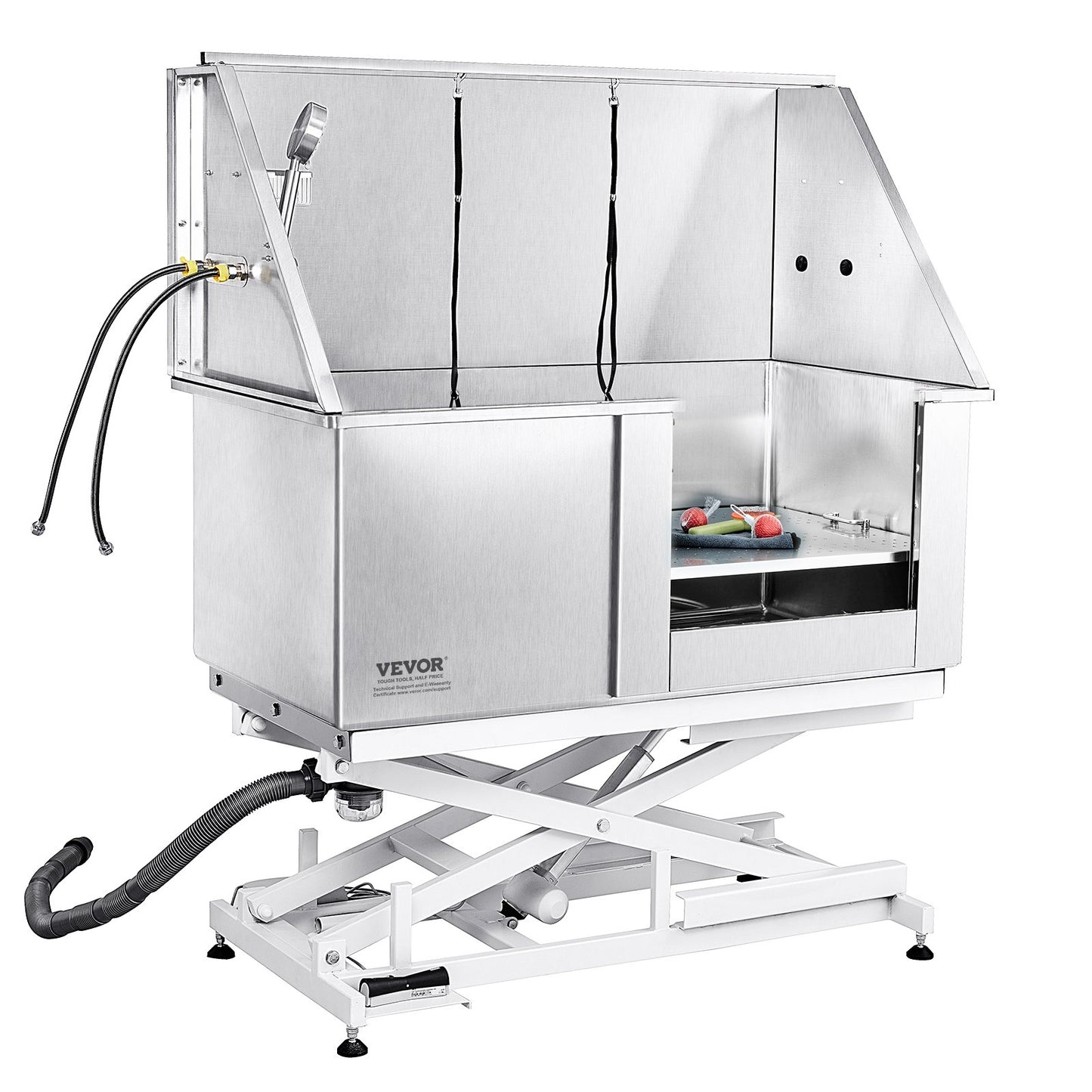 1,27 m große Hundebadestation mit elektrischer Höhenverstellung, professionelle Hundebadewanne aus Edelstahl mit Seifenablage, Wasserhahn, umfangreichem Zubehör, Badewanne für mehrere Haustiere, Waschbecken für Zuhause (rechts)