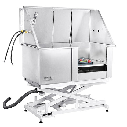 1,27 m große Hundebadestation mit elektrischer Höhenverstellung, professionelle Hundebadewanne aus Edelstahl mit Seifenablage, Wasserhahn, umfangreichem Zubehör, Badewanne für mehrere Haustiere, Waschbecken für Zuhause (rechts)