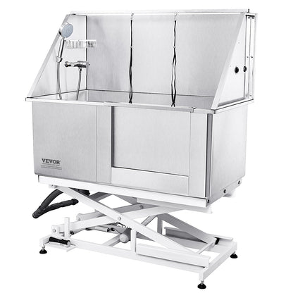 1,27 m große Hundebadestation mit elektrischer Höhenverstellung, professionelle Hundebadewanne aus Edelstahl mit Seifenablage, Wasserhahn, umfangreichem Zubehör, Badewanne für mehrere Haustiere, Waschbecken für Zuhause (rechts)