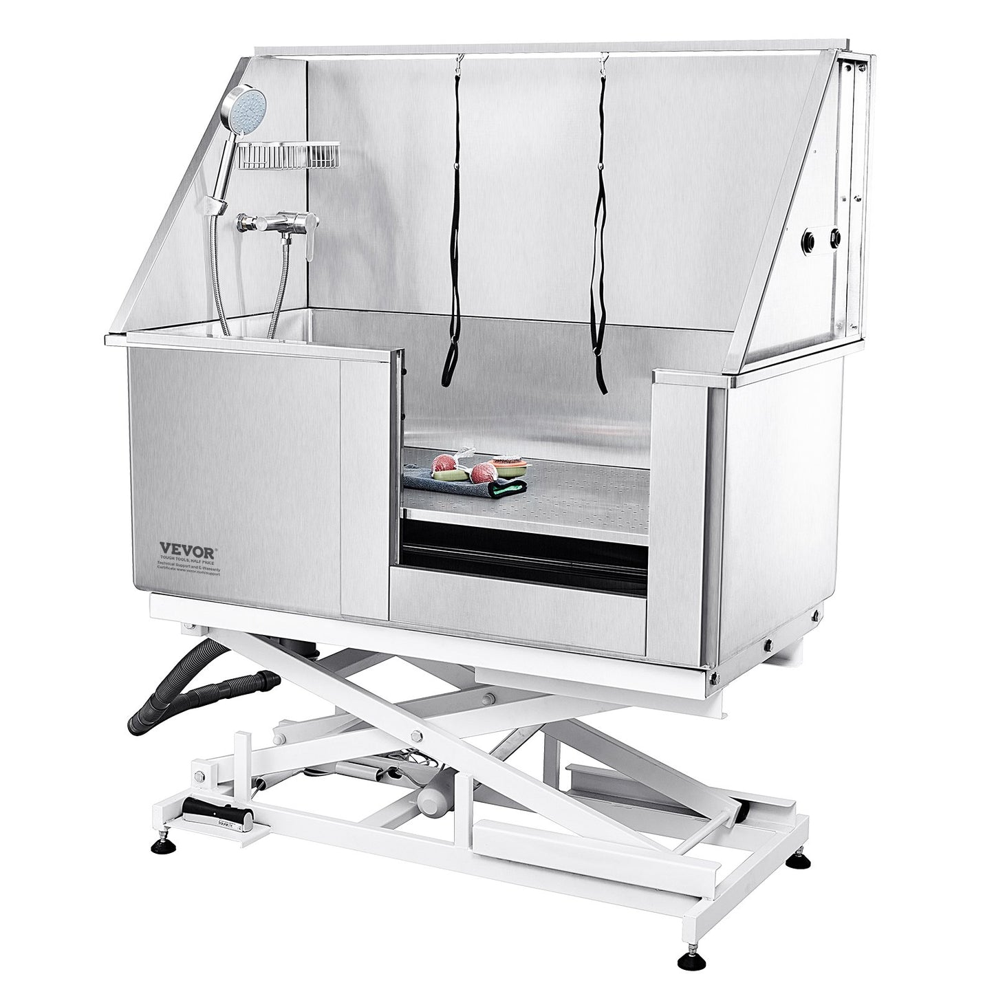 1,27 m große Hundebadestation mit elektrischer Höhenverstellung, professionelle Hundebadewanne aus Edelstahl mit Seifenablage, Wasserhahn, umfangreichem Zubehör, Badewanne für mehrere Haustiere, Waschbecken für Zuhause (rechts)