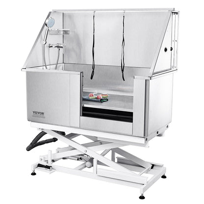 1,27 m große Hundebadestation mit elektrischer Höhenverstellung, professionelle Hundebadewanne aus Edelstahl mit Seifenablage, Wasserhahn, umfangreichem Zubehör, Badewanne für mehrere Haustiere, Waschbecken für Zuhause (rechts)