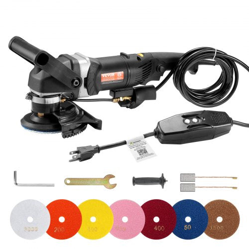 Nasspoliermaschine 800W, 4" Betonschleifer mit 6 variablen Geschwindigkeiten und 7 Poliersets, Nassschleifmaschine für Marmor, Granit, Stein, Fels, Fliesen, ausgestattet mit einem GFCI-Schalter, (700 - 3000 U/min)