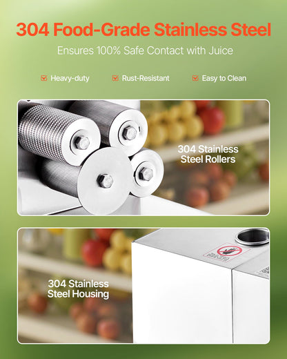 Gewerbliche Zuckerrohrpresse, 800-W-Elektro-Zuckerrohrpresse mit einer Leistung von 300 kg/h, 4 Edelstahlwalzen, Zuckerrohrpresse für den privaten und gewerblichen Gebrauch