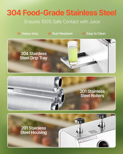 Gewerbliche Zuckerrohrpresse, 750-W-Elektro-Zuckerrohrpresse mit einer hohen Leistung von 300 kg/h, 3 Edelstahlwalzen, Zuckerrohrsaftpresse auf Rädern für den privaten und gewerblichen Gebrauch