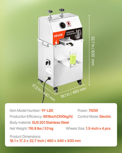 Gewerbliche Zuckerrohrpresse, 750-W-Elektro-Zuckerrohrpresse mit einer hohen Leistung von 300 kg/h, 3 Edelstahlwalzen, Zuckerrohrsaftpresse auf Rädern für den privaten und gewerblichen Gebrauch