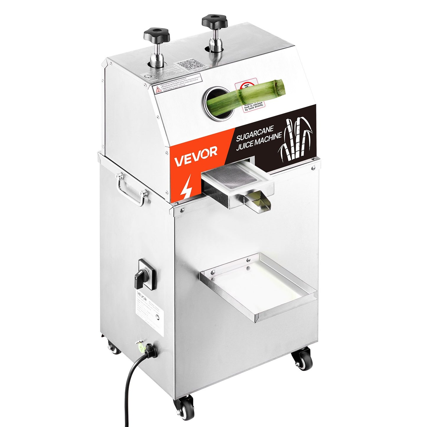 Gewerbliche Zuckerrohrpresse, 750-W-Elektro-Zuckerrohrpresse mit einer hohen Leistung von 300 kg/h, 3 Edelstahlwalzen, Zuckerrohrsaftpresse auf Rädern für den privaten und gewerblichen Gebrauch