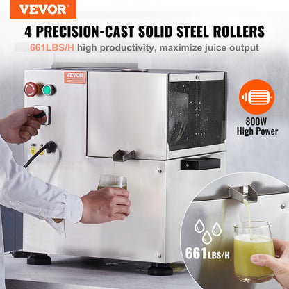 Elektrische Zuckerrohrpresse, 800 W, hohe Leistung von 300 kg/h, 4 Edelstahlwalzen, automatische Walzendruckregulierung, geeignet für den privaten und gewerblichen Gebrauch