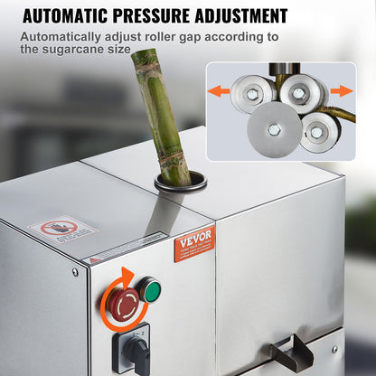Elektrische Zuckerrohrpresse, 800 W, hohe Leistung von 300 kg/h, 4 Edelstahlwalzen, automatische Walzendruckregulierung, geeignet für den privaten und gewerblichen Gebrauch
