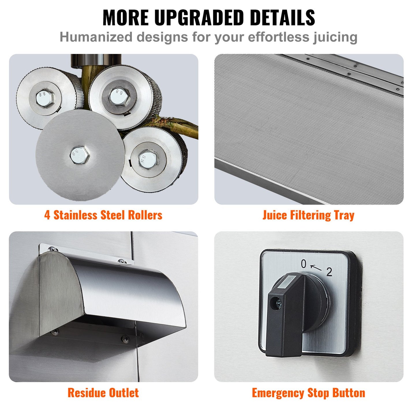Elektrische Zuckerrohrpresse, 800 W, hohe Leistung von 300 kg/h, 4 Edelstahlwalzen, automatische Walzendruckregulierung, geeignet für den privaten und gewerblichen Gebrauch
