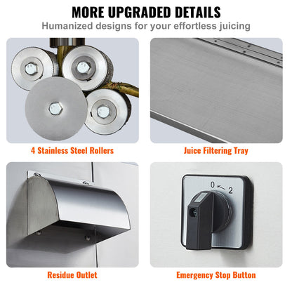 Elektrische Zuckerrohrpresse, 800 W, hohe Leistung von 300 kg/h, 4 Edelstahlwalzen, automatische Walzendruckregulierung, geeignet für den privaten und gewerblichen Gebrauch