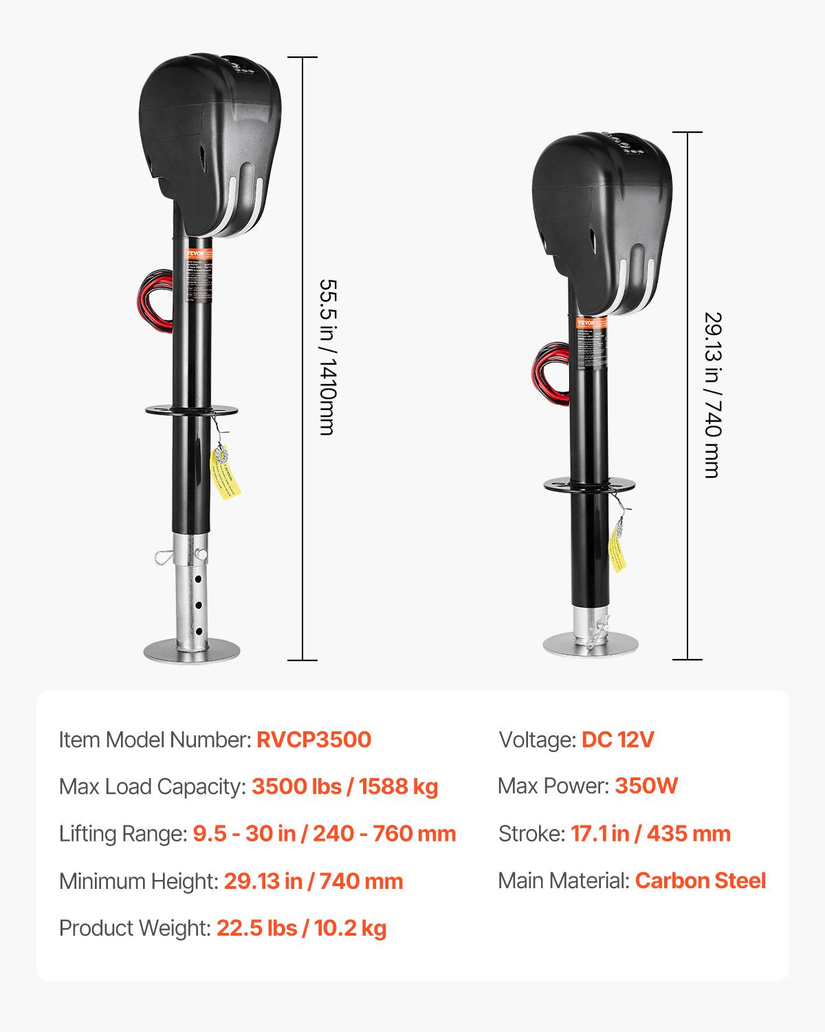 Elektrische Anhängerstütze, 3500 lbs (ca. 1588 kg), robuste elektrische Stütze für Wohnmobile mit 2-Wege-Stecker, Memory-Funktion, Kurbel und wetterfester Abdeckung, Hubhöhe 9,5"-26,3" (ca. 24-67 cm), für Anhänger und Wohnmobile