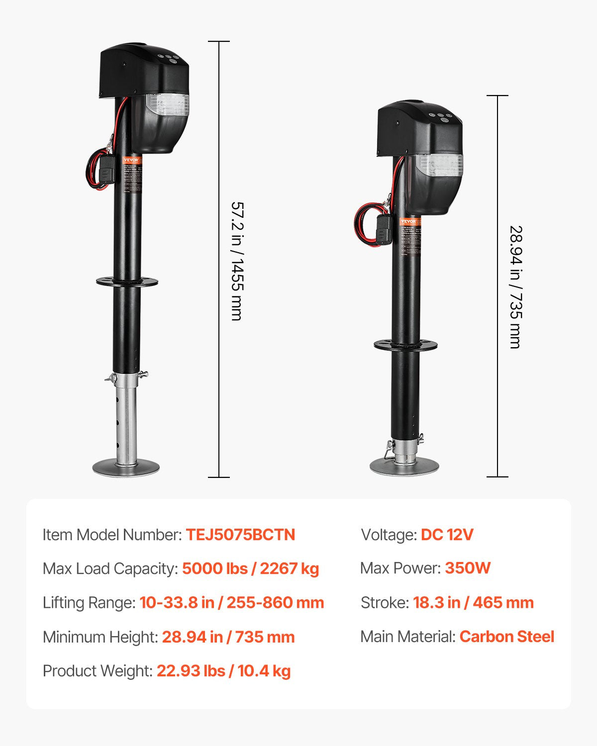 Elektrische Anhängerstütze, 5000 lbs (ca. 2268 kg), robuste elektrische Stütze für Wohnmobile mit 2-poligem Stecker, Fernbedienung, Kurbel und wetterfester Abdeckung, Hubhöhe 10"-28,3" (ca. 25,4-71,9 cm), für Anhänger und Wohnmobile