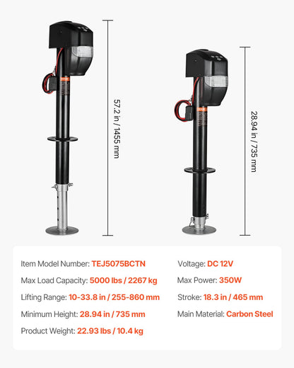 Elektrische Anhängerstütze, 5000 lbs (ca. 2268 kg), robuste elektrische Stütze für Wohnmobile mit 2-poligem Stecker, Fernbedienung, Kurbel und wetterfester Abdeckung, Hubhöhe 10"-28,3" (ca. 25,4-71,9 cm), für Anhänger und Wohnmobile