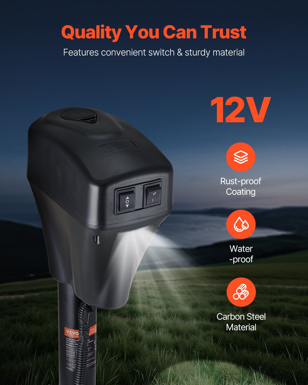 Elektrische Anhängerstütze, 2268 kg Tragkraft, robuste elektrische Stütze für Wohnmobile mit 7-poligem Stecker, Handkurbel und wetterfester Abdeckung, Hubhöhe 25,4–71,9 cm, für Anhänger, Wohnwagen und Wohnmobile, Schwarz