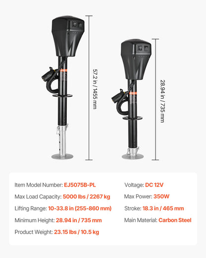 Elektrische Anhängerstütze, 2268 kg Tragkraft, robuste elektrische Stütze für Wohnmobile mit 7-poligem Stecker, Handkurbel und wetterfester Abdeckung, Hubhöhe 25,4–71,9 cm, für Anhänger, Wohnwagen und Wohnmobile, Schwarz