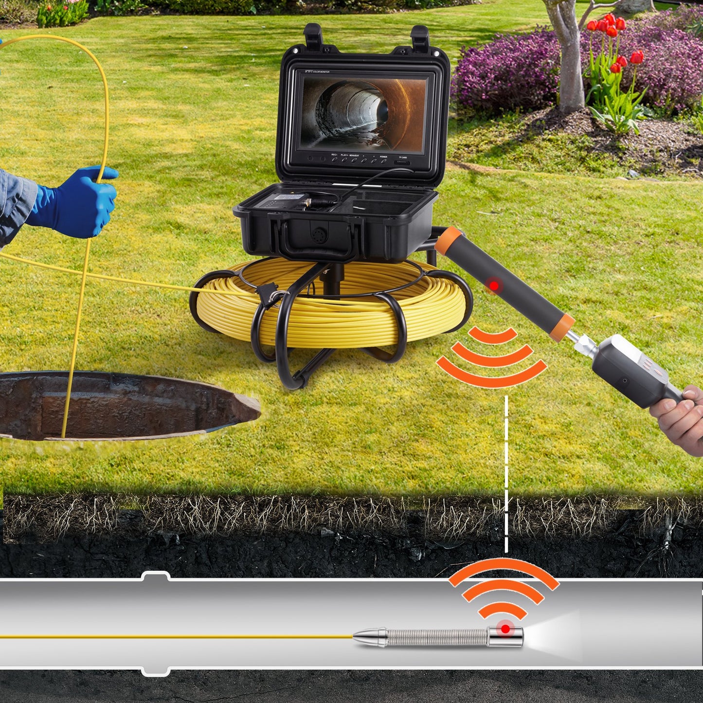 Sewer Camera Pipe Inspection Camera w/ 512hz Sonde 22.9 cm 720p Screen 91.4m