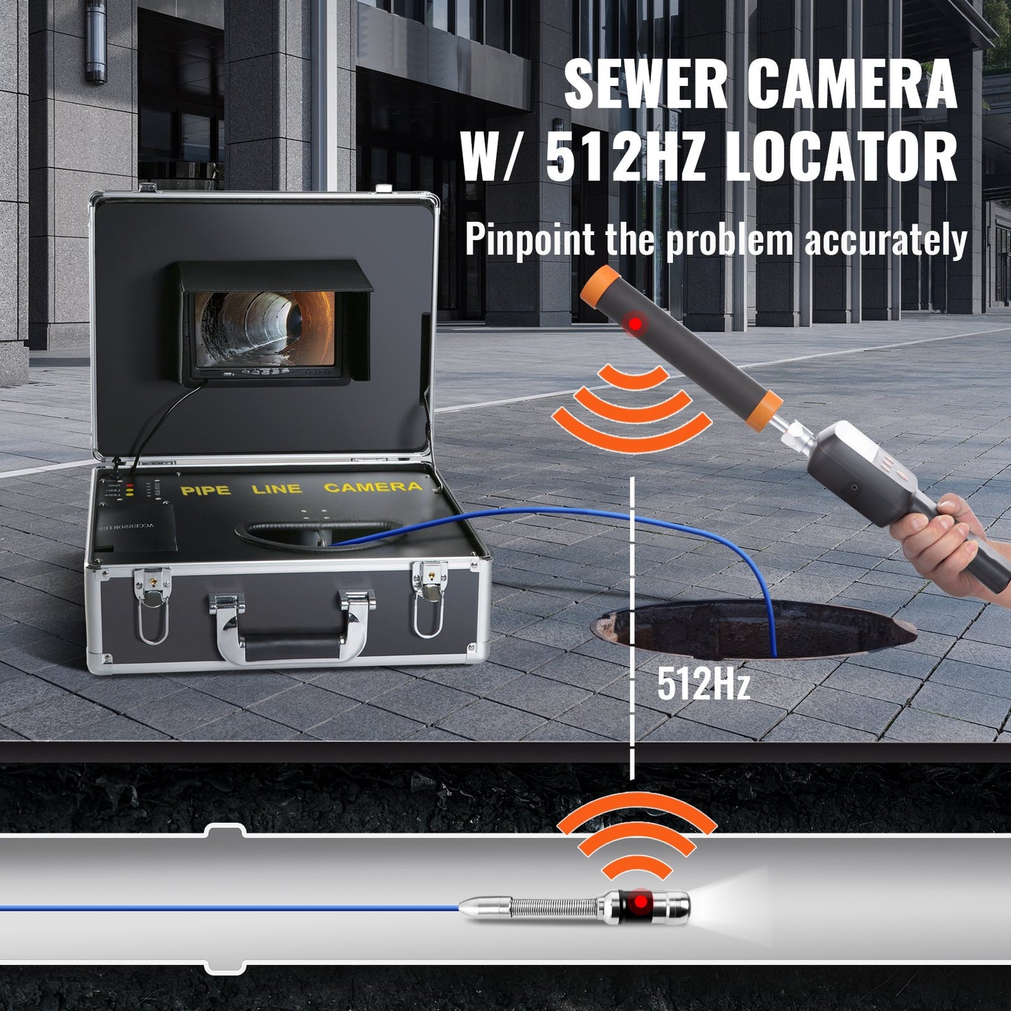 Sewer Camera Pipe Inspection Camera 17.8 cm 1000TVL Camera 30.5m w/Locator 512Hz