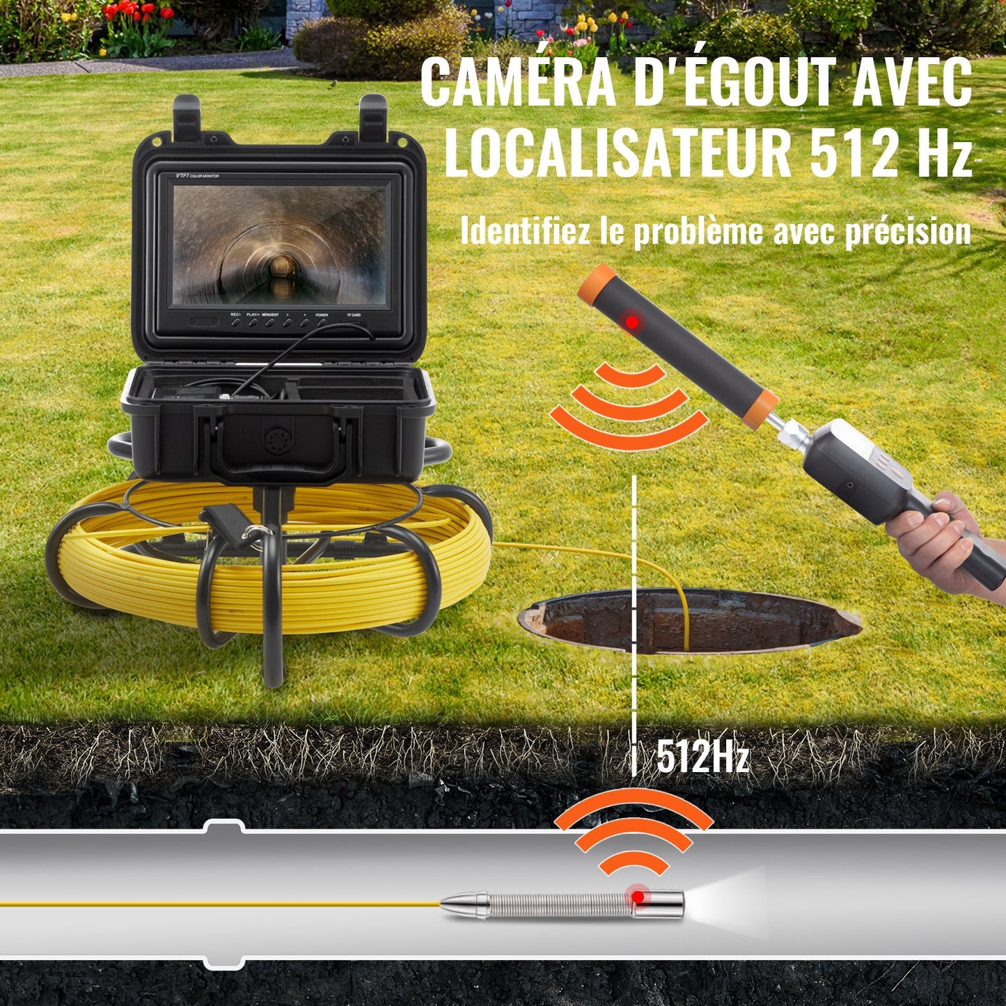 Kanalinspektionskamera mit 512-Hz-Sonde, 22,9 cm 720p-Bildschirm, 50,3 m Reichweite