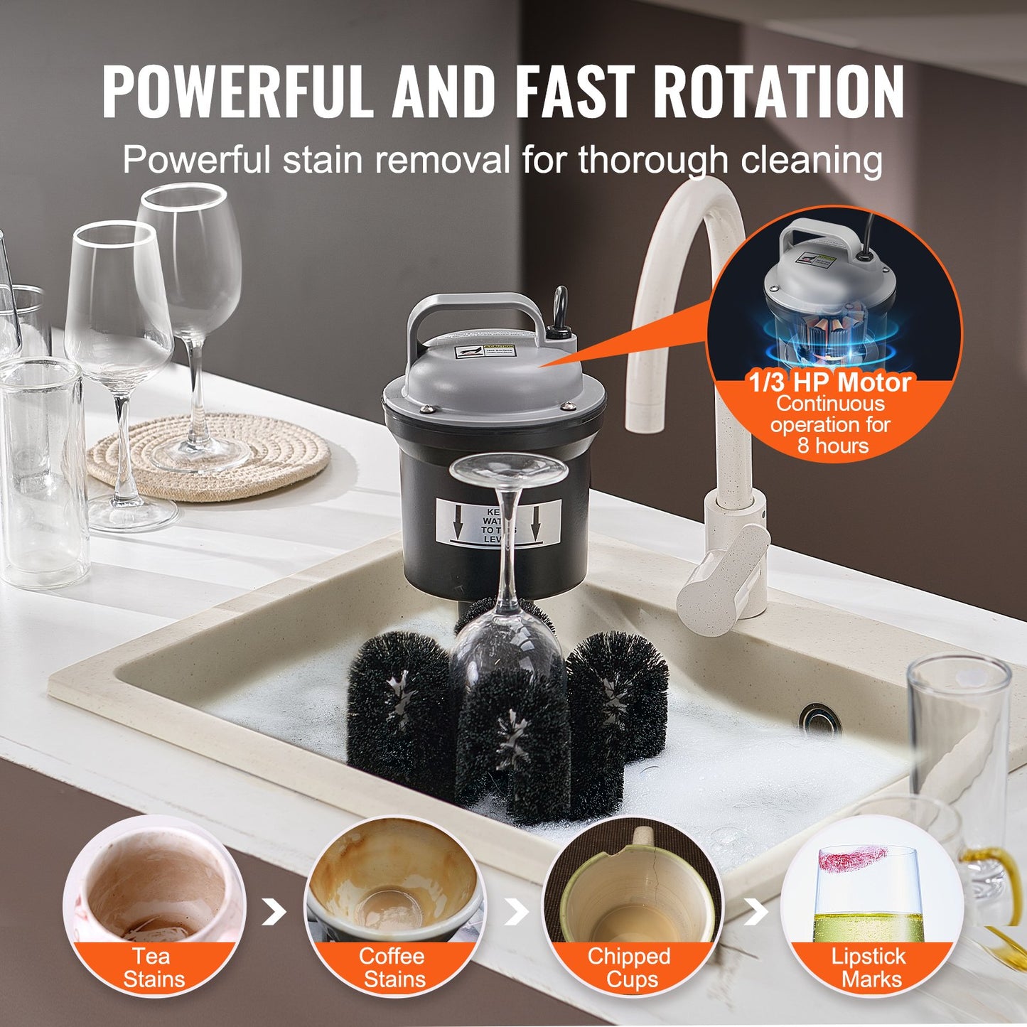 Elektrische Gewerbe-Gläserspülmaschine, 5-Bürsten-Glasreiniger für Bars, Reinigungsmaschine für 1200 Gläser/Stunde, Weingläser, Champagnergläser, Biergläser, Krüge, perfekt für Bars und Cafés