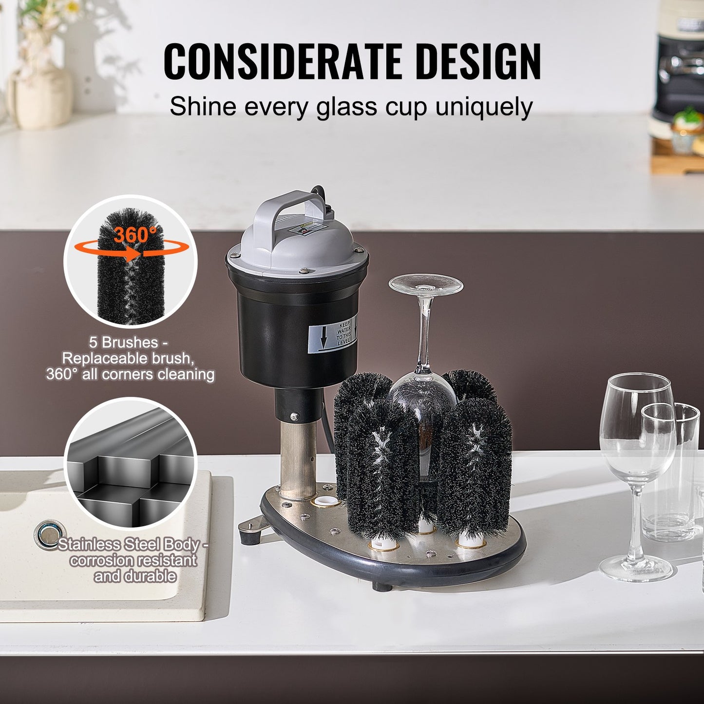 Elektrische Gewerbe-Gläserspülmaschine, 5-Bürsten-Glasreiniger für Bars, Reinigungsmaschine für 1200 Gläser/Stunde, Weingläser, Champagnergläser, Biergläser, Krüge, perfekt für Bars und Cafés
