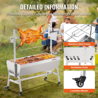 Verbesserter Drehspießgrill, 89 cm (35 Zoll), 41 kg (90 lbs) Tragkraft, Holzkohlegrill für ganze Schweine, Lamm und Ziegen, elektrischer 42-W-Motor, Edelstahl-Drehspieß mit feststellbaren Rädern, ideal für Camping und Outdoor-Aktivitäten