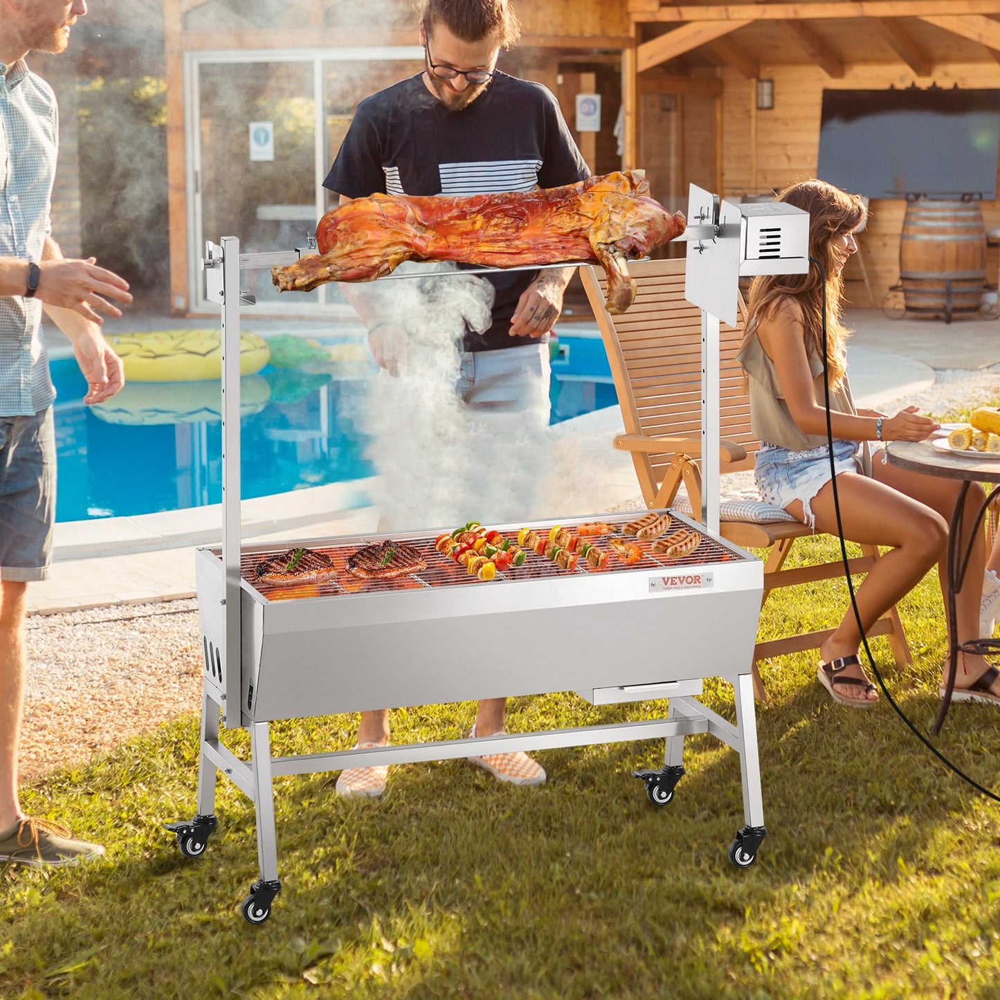Verbesserter Drehspießgrill, 89 cm (35 Zoll), 41 kg (90 lbs) Tragkraft, Holzkohlegrill für ganze Schweine, Lamm und Ziegen, elektrischer 42-W-Motor, Edelstahl-Drehspieß mit feststellbaren Rädern, ideal für Camping und Outdoor-Aktivitäten