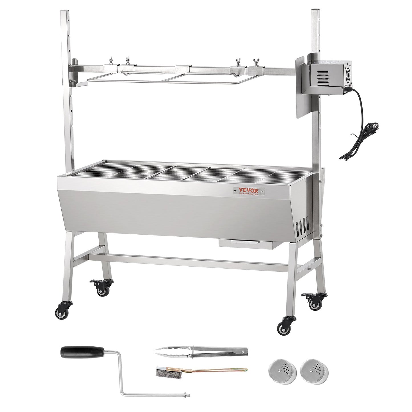 Verbesserter Drehspießgrill, 89 cm (35 Zoll), 41 kg (90 lbs) Tragkraft, Holzkohlegrill für ganze Schweine, Lamm und Ziegen, elektrischer 42-W-Motor, Edelstahl-Drehspieß mit feststellbaren Rädern, ideal für Camping und Outdoor-Aktivitäten