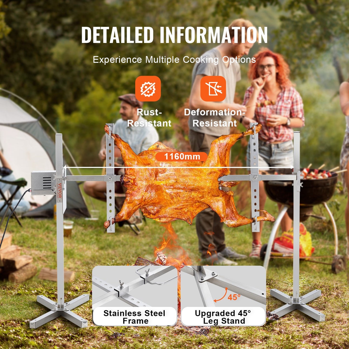 Elektrischer Drehspießgrill (116,8 cm) aus Edelstahl, geeignet für 40,8 kg Schwein und Lamm