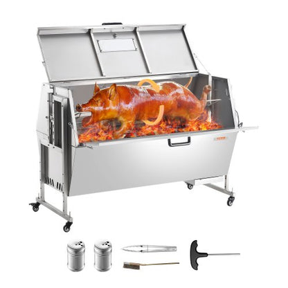 60-Watt-Drehspießgrill mit Deckel, 142 cm Durchmesser, geeignet für Schwein, Lamm und Ziege, 130 kg Tragkraft, Holzkohlegrill aus Edelstahl mit feststellbaren Rädern, ideal für Camping und Grillabende im Freien