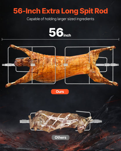 60-Watt-Drehspießgrill mit Deckel, 142 cm Durchmesser, geeignet für Schwein, Lamm und Ziege, 130 kg Tragkraft, Holzkohlegrill aus Edelstahl mit feststellbaren Rädern, ideal für Camping und Grillabende im Freien