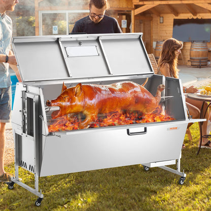 60-Watt-Drehspießgrill mit Deckel, 142 cm Durchmesser, geeignet für Schwein, Lamm und Ziege, 130 kg Tragkraft, Holzkohlegrill aus Edelstahl mit feststellbaren Rädern, ideal für Camping und Grillabende im Freien