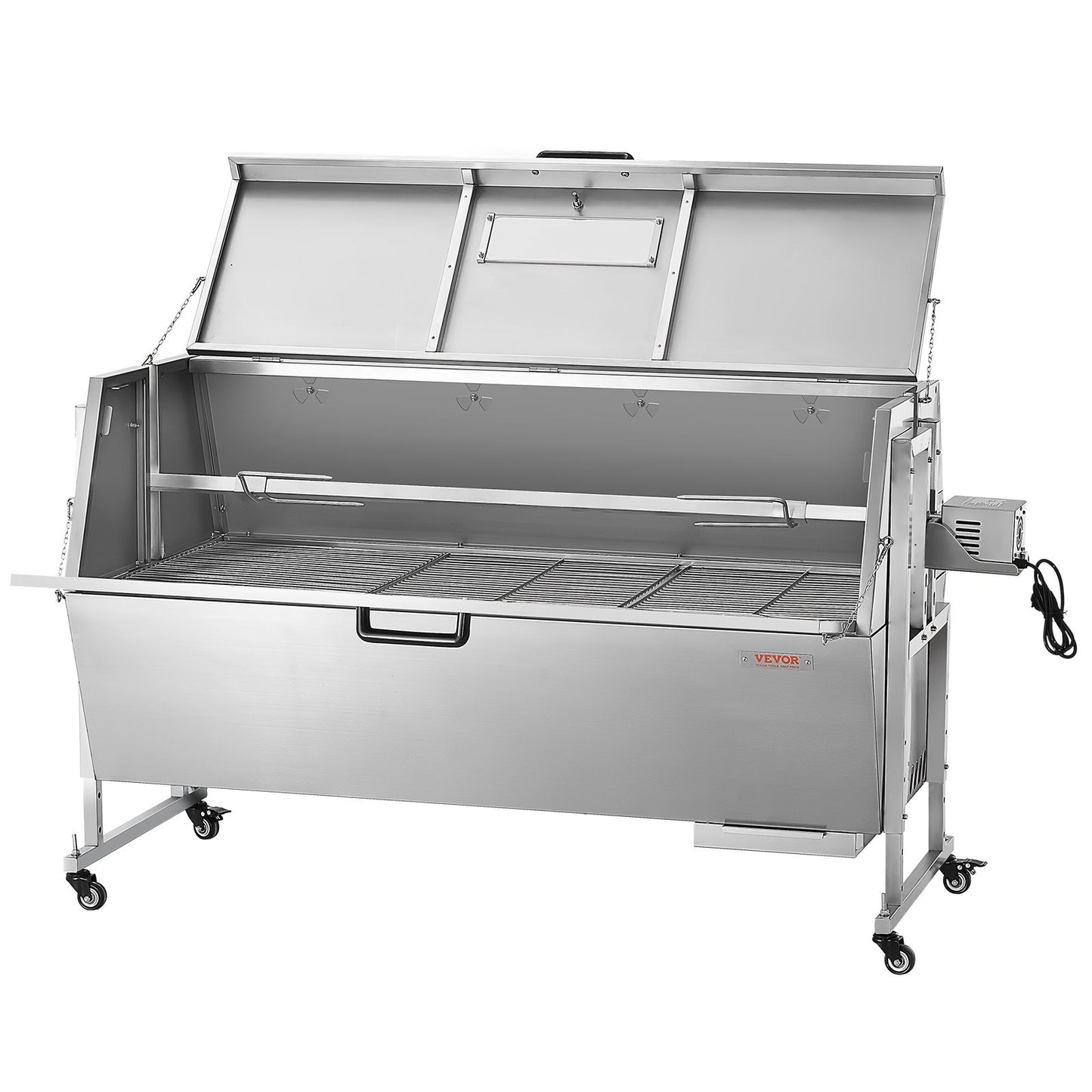 60-Watt-Drehspießgrill mit Deckel, 142 cm Durchmesser, geeignet für Schwein, Lamm und Ziege, 130 kg Tragkraft, Holzkohlegrill aus Edelstahl mit feststellbaren Rädern, ideal für Camping und Grillabende im Freien