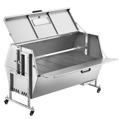 60-Watt-Drehspießgrill mit Deckel, 142 cm Durchmesser, geeignet für Schwein, Lamm und Ziege, 130 kg Tragkraft, Holzkohlegrill aus Edelstahl mit feststellbaren Rädern, ideal für Camping und Grillabende im Freien