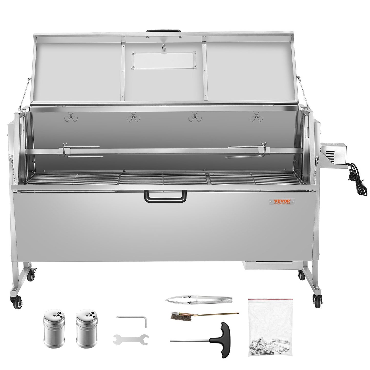 60-Watt-Drehspießgrill mit Deckel, 142 cm Durchmesser, geeignet für Schwein, Lamm und Ziege, 130 kg Tragkraft, Holzkohlegrill aus Edelstahl mit feststellbaren Rädern, ideal für Camping und Grillabende im Freien