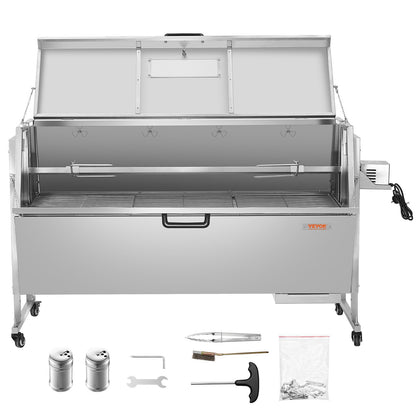 60-Watt-Drehspießgrill mit Deckel, 142 cm Durchmesser, geeignet für Schwein, Lamm und Ziege, 130 kg Tragkraft, Holzkohlegrill aus Edelstahl mit feststellbaren Rädern, ideal für Camping und Grillabende im Freien