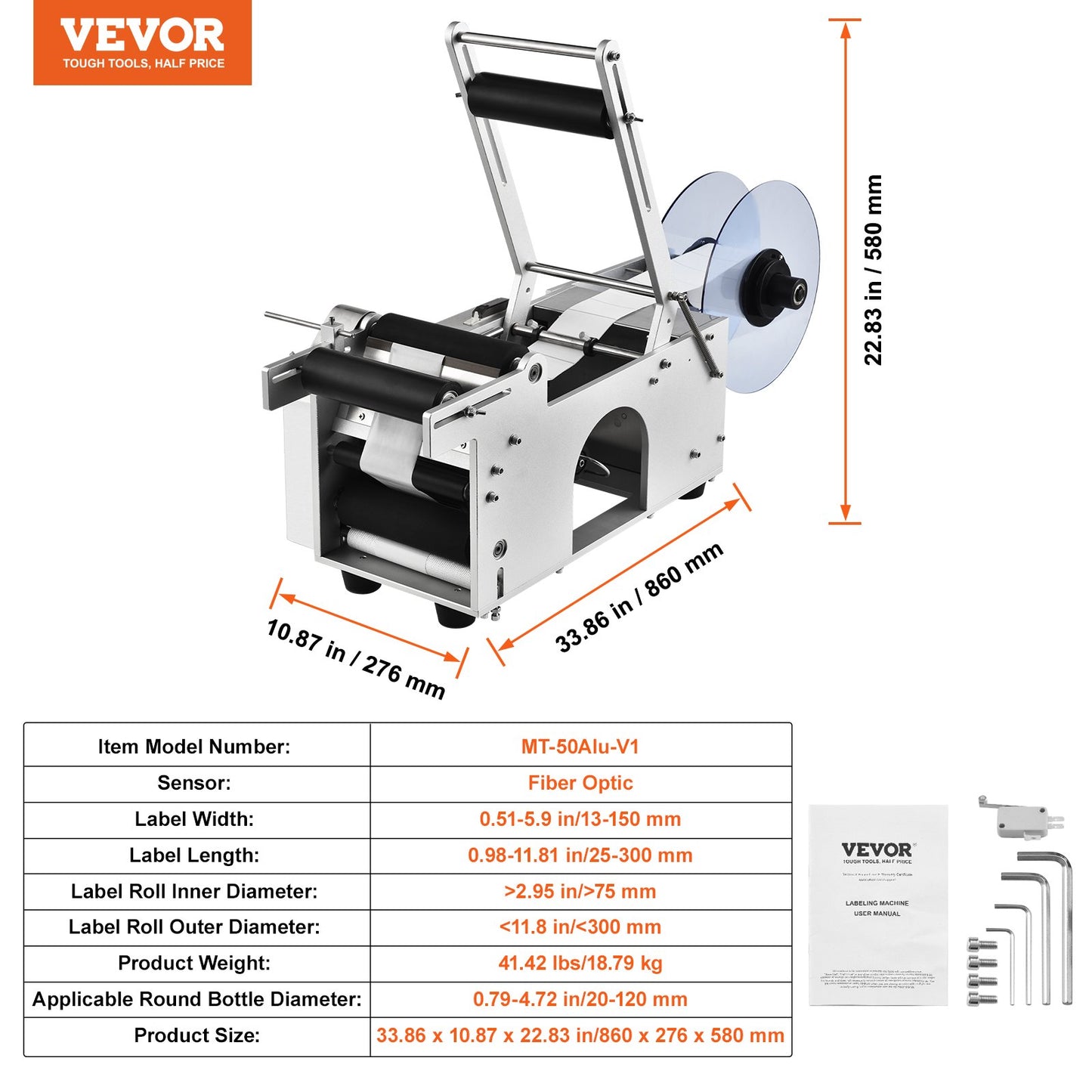 Halbautomatische Rundflaschen-Etikettiermaschine, 20-50 Stück/min, elektrischer Flaschenetikettierer für Rundflaschen, geeignet für Flaschendurchmesser 2-12 cm (mit Andruckstange)