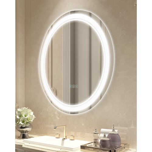 LED Bathroom Mirror, 60 cm LED Bathroom Round Vanity Mirror with Frontlit and Backlit, Anti-Fog Memory Mirror with Lights, Stepless 3 Colors Temperature Dimmable Bathroom Mirror, Wall Mounted