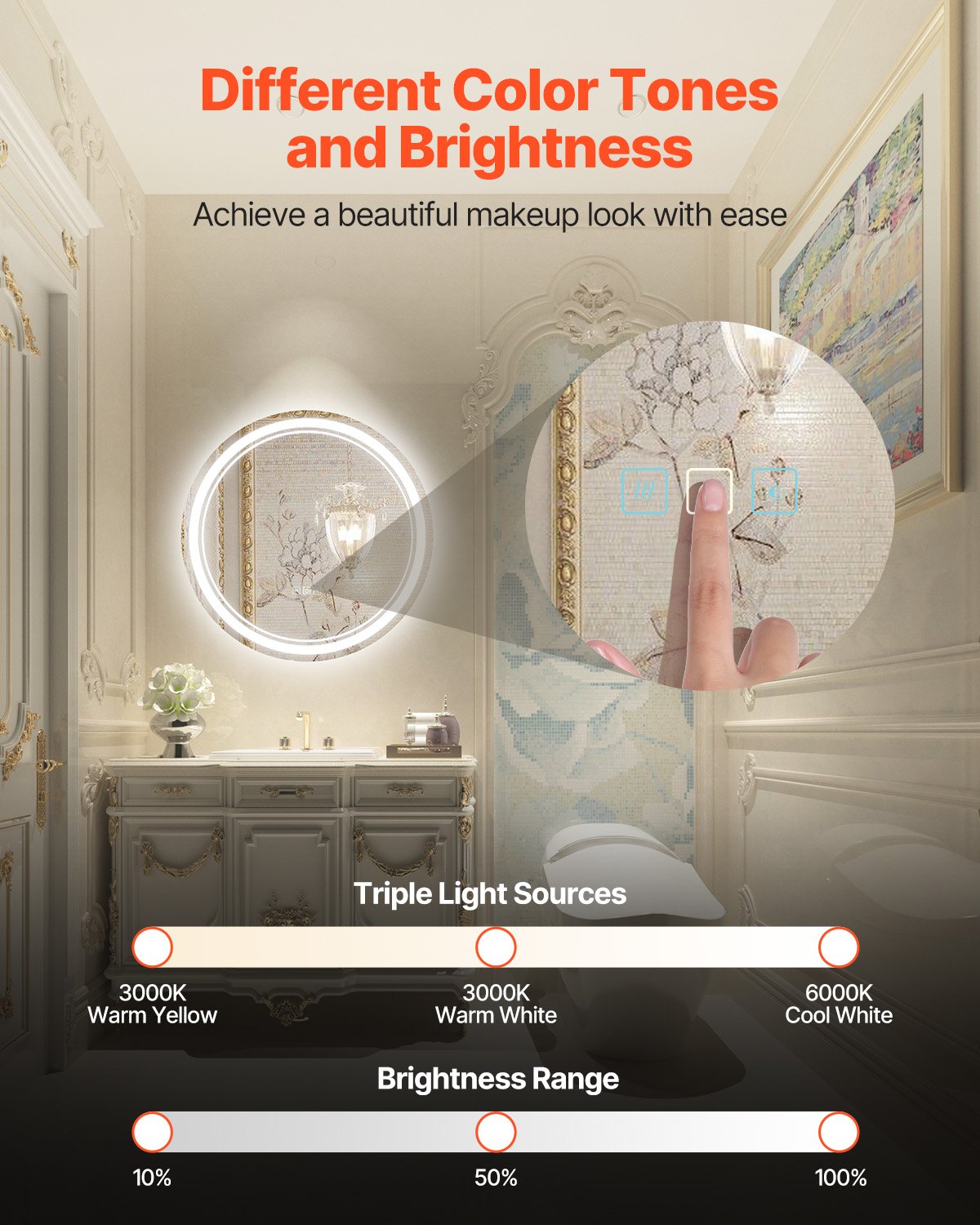 LED Bathroom Mirror, 60 cm LED Bathroom Round Vanity Mirror with Frontlit and Backlit, Anti-Fog Memory Mirror with Lights, Stepless 3 Colors Temperature Dimmable Bathroom Mirror, Wall Mounted