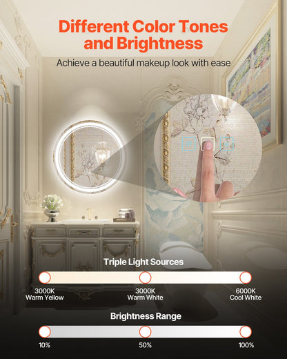 LED Bathroom Mirror, 60 cm LED Bathroom Round Vanity Mirror with Frontlit and Backlit, Anti-Fog Memory Mirror with Lights, Stepless 3 Colors Temperature Dimmable Bathroom Mirror, Wall Mounted