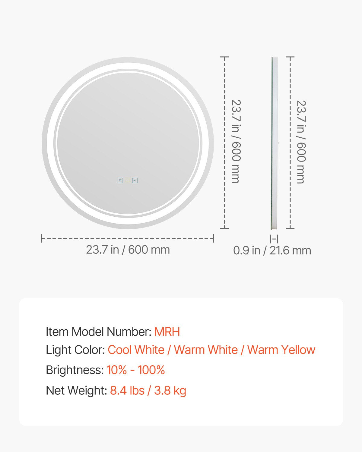 LED Bathroom Mirror, 60 cm LED Bathroom Round Vanity Mirror with Frontlit and Backlit, Anti-Fog Memory Mirror with Lights, Stepless 3 Colors Temperature Dimmable Bathroom Mirror, Wall Mounted