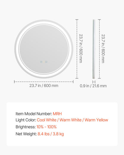 LED Bathroom Mirror, 60 cm LED Bathroom Round Vanity Mirror with Frontlit and Backlit, Anti-Fog Memory Mirror with Lights, Stepless 3 Colors Temperature Dimmable Bathroom Mirror, Wall Mounted