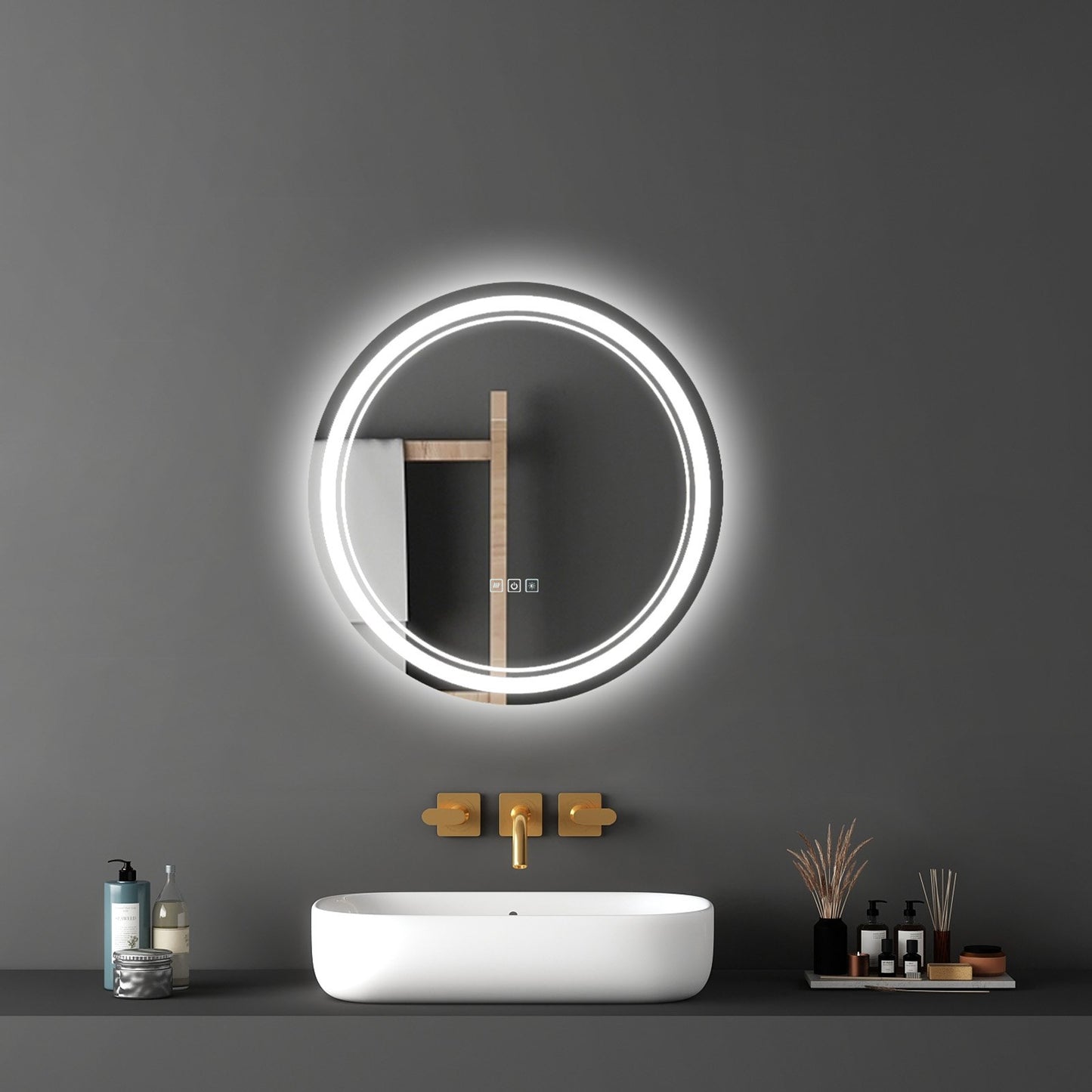 LED Bathroom Mirror, 60 cm LED Bathroom Round Vanity Mirror with Frontlit and Backlit, Anti-Fog Memory Mirror with Lights, Stepless 3 Colors Temperature Dimmable Bathroom Mirror, Wall Mounted