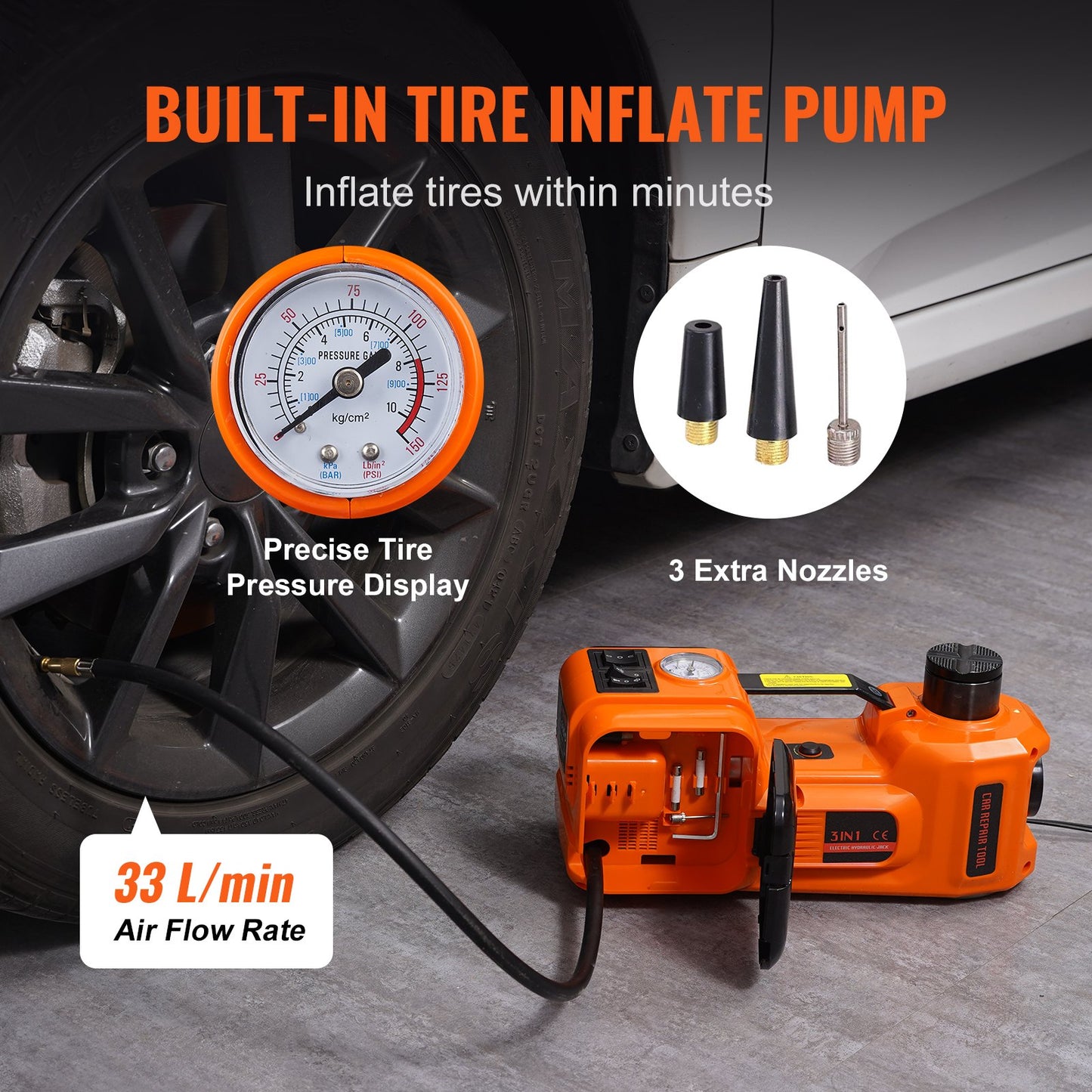 Electric Hydraulic Car Floor Jack 5 Ton 12V Built-in Tire Inflator Pump