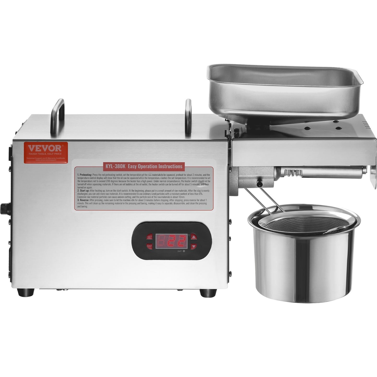 Elektrische Ölpresse, 850 W Edelstahl-Ölextraktionsmaschine, 0-300 °C / 32-572 °F einstellbare Temperatur, Heißpress-Ölpresse zum Pressen von Erdnüssen, Sesamsamen, Raps und Teesamen