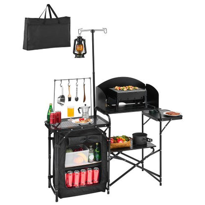 Camping-Küchentisch, tragbarer Kochtisch aus Aluminium mit Staufach, Tragetasche, abnehmbarem Windschutz, schnell aufzubauen für Grillpartys, Picknicks, Wohnmobilreisen, Schwarz