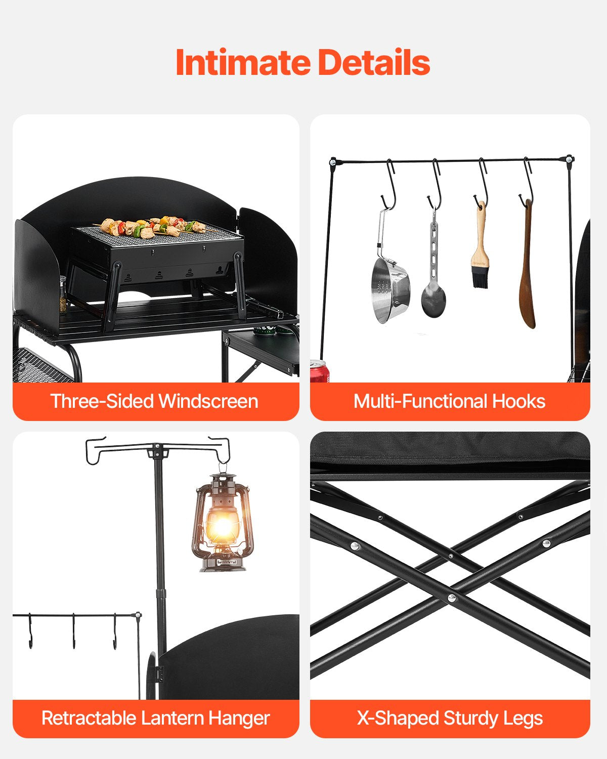 Camping-Küchentisch, tragbarer Kochtisch aus Aluminium mit Staufach, Tragetasche, abnehmbarem Windschutz, schnell aufzubauen für Grillpartys, Picknicks, Wohnmobilreisen, Schwarz