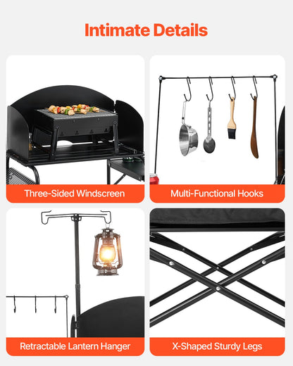 Camping-Küchentisch, tragbarer Kochtisch aus Aluminium mit Staufach, Tragetasche, abnehmbarem Windschutz, schnell aufzubauen für Grillpartys, Picknicks, Wohnmobilreisen, Schwarz