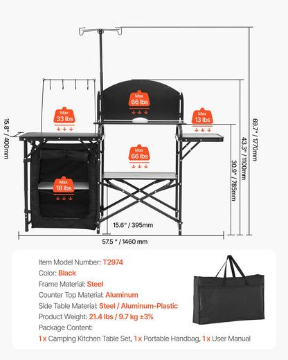 Camping-Küchentisch, tragbarer Kochtisch aus Aluminium mit Staufach, Tragetasche, abnehmbarem Windschutz, schnell aufzubauen für Grillpartys, Picknicks, Wohnmobilreisen, Schwarz